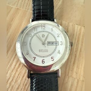Vintage ECCLISSI 925 Sterling silver black leather watch NEW BATTERY